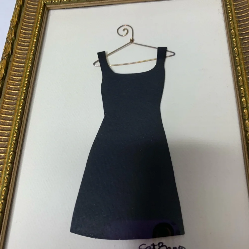 Gold Frame Little Black Dress Hanger Paper Art Collage Mini Frame Signed 8 1/2”